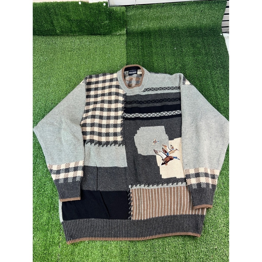 John Henry Vintage Mallard Duck Patchwork Sweater XL Grey Brown Ramie Cotton 90s